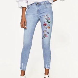 Zara Mid-Rise Jeans with floral embroidery